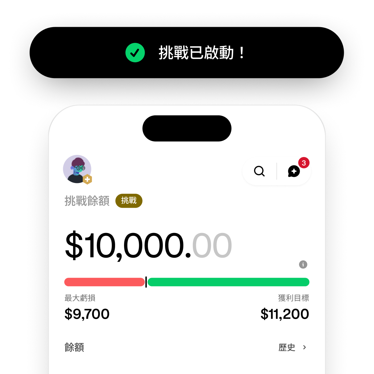 Trading challenge screen showing progress toward the profit target