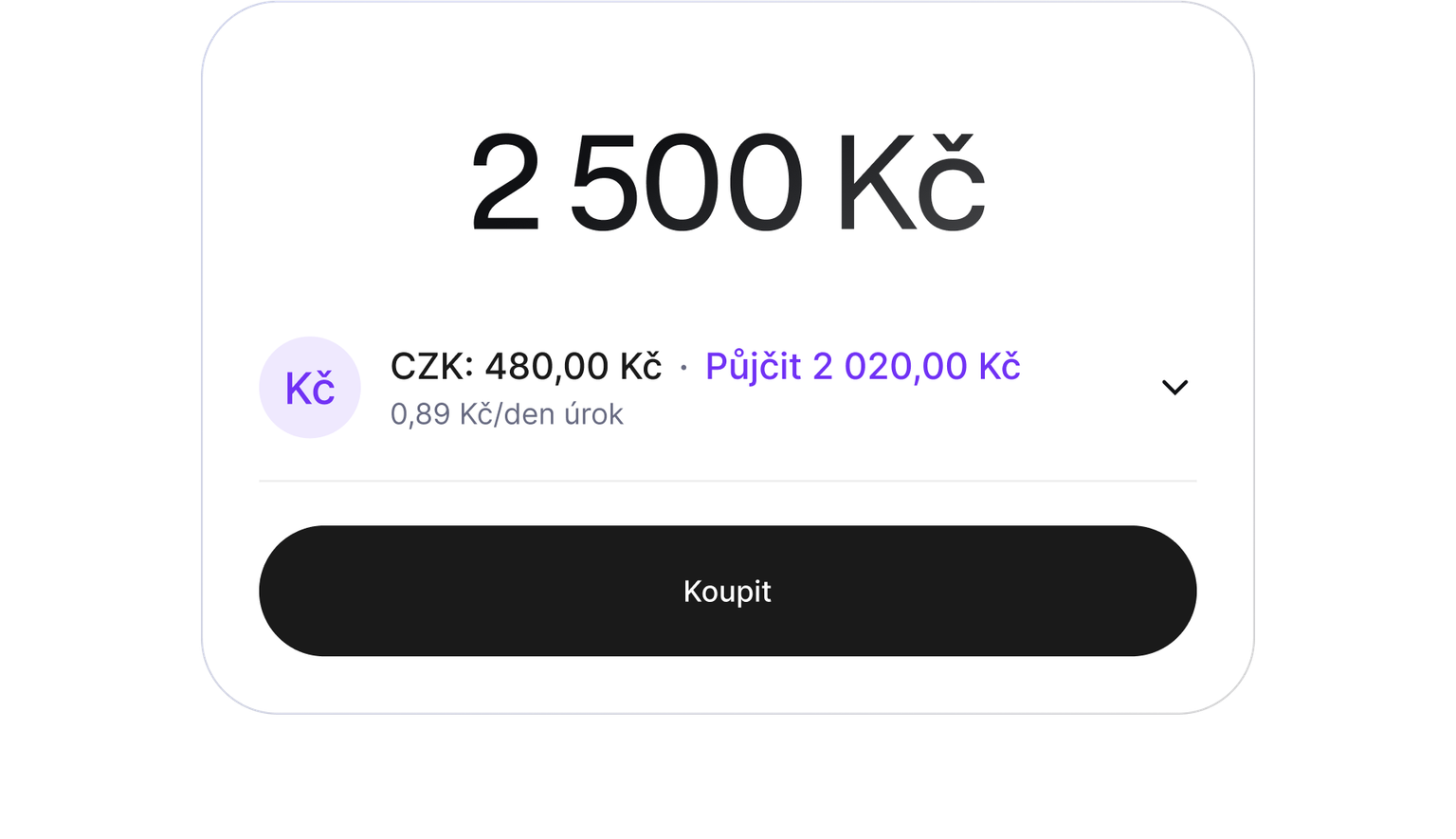 Buy screen showing a purchase funded with cash and a cryptocurrency-backed loan