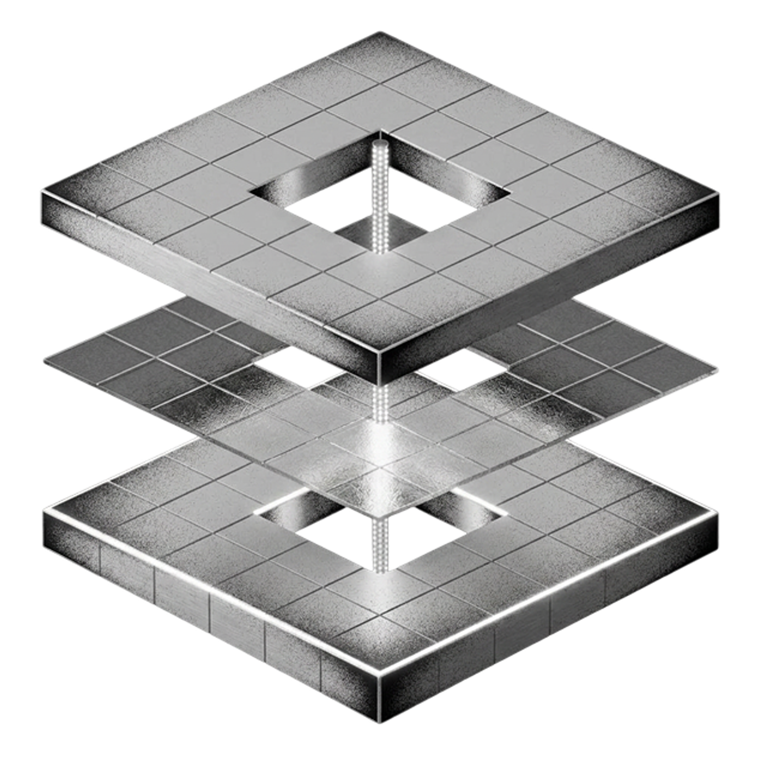 3D illustration of three stacked layers with a cylindric pole running through them all, in metallic silver