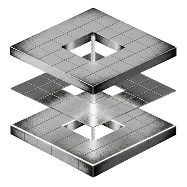 3D illustration of three stacked layers with a cylindric pole running through them all, in metallic silver
