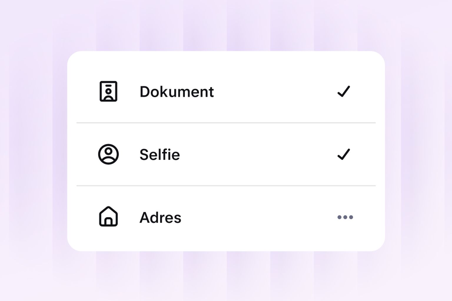 Identity verification screen showing ID, selfie and address checks