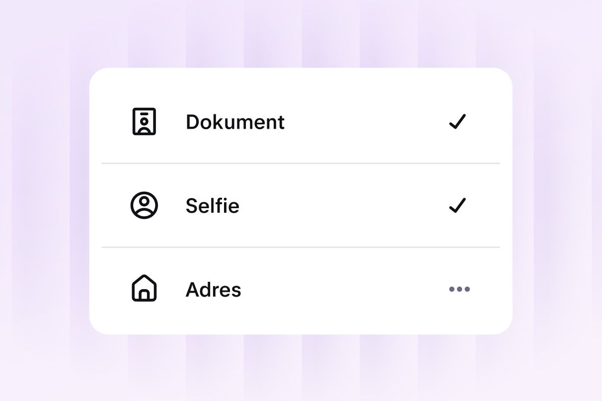Identity verification screen showing ID, selfie and address checks