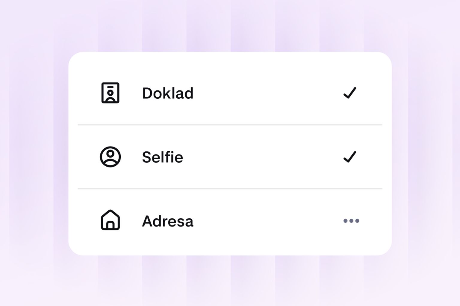 Identity verification screen showing ID, selfie and address checks