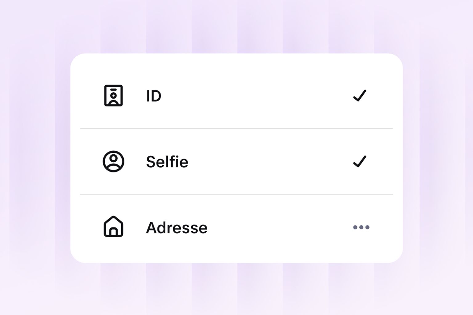 Identity verification screen showing ID, selfie and address checks