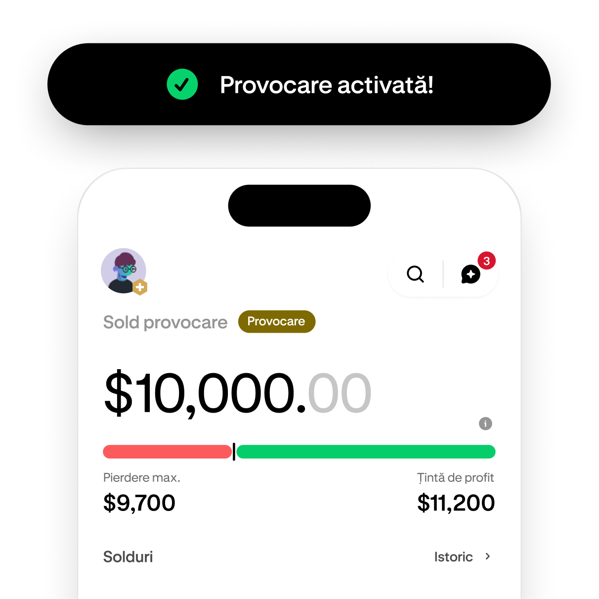 Trading challenge screen showing progress toward the profit target