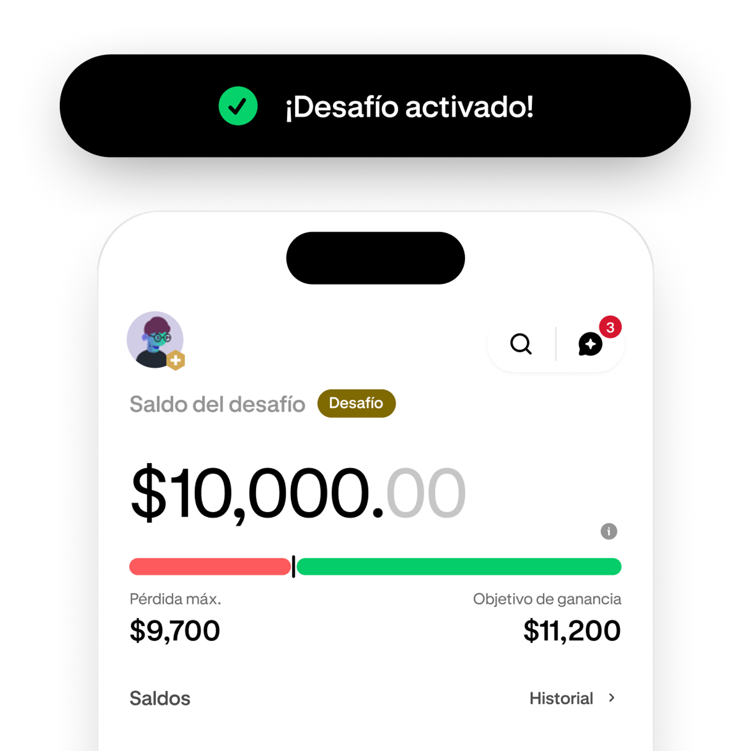 Trading challenge screen showing progress toward the profit target