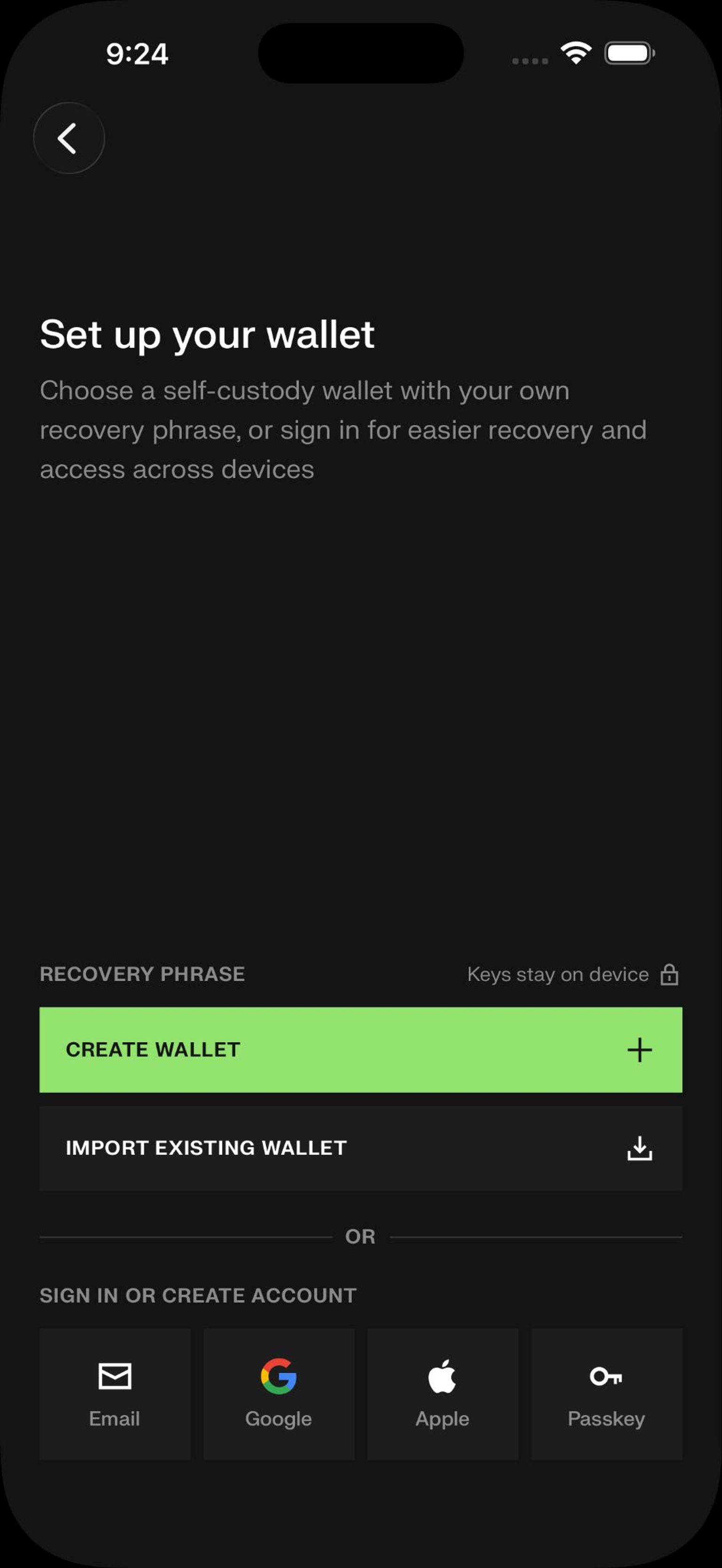 Kraken Wallet embedded wallet sign-in screen