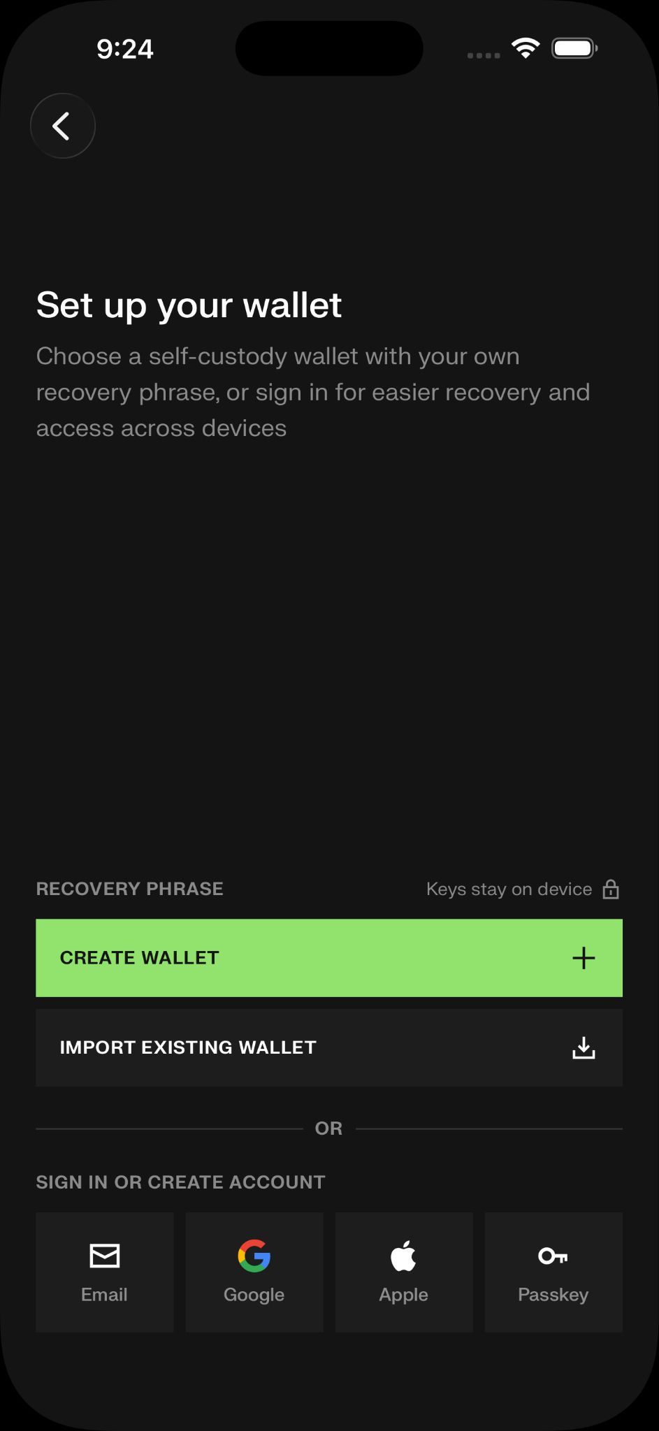 Kraken Wallet embedded wallet sign-in screen