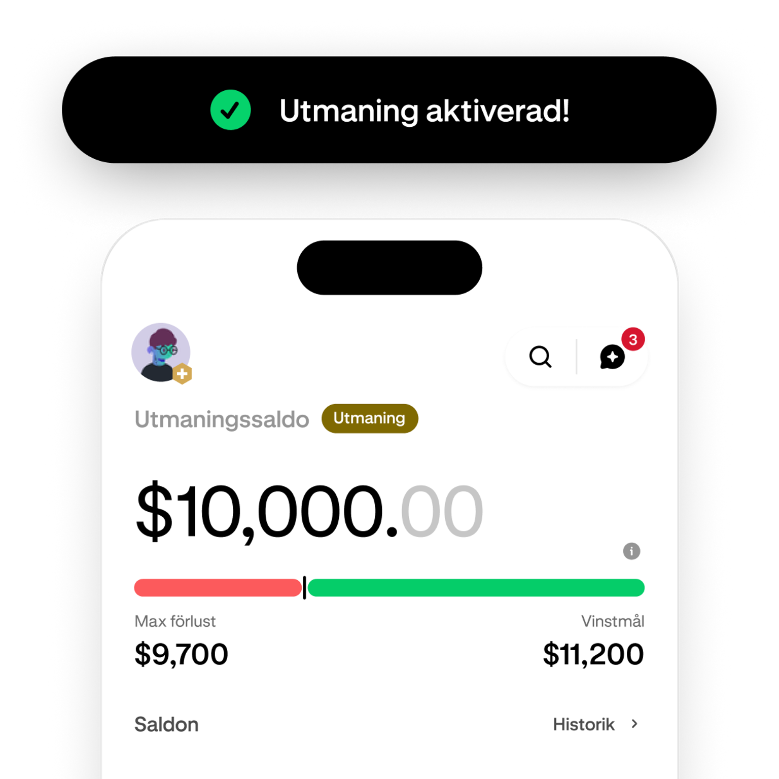Trading challenge screen showing progress toward the profit target