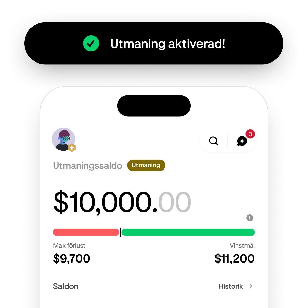 Trading challenge screen showing progress toward the profit target