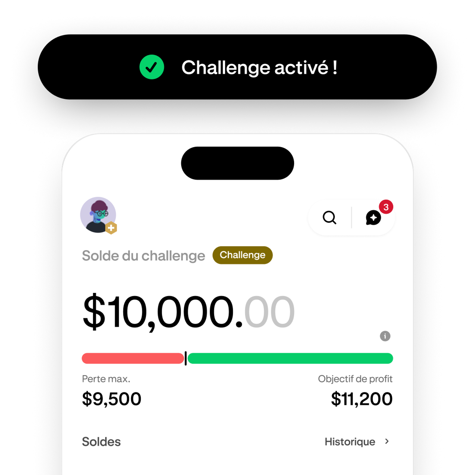 Trading challenge screen showing progress toward the profit target