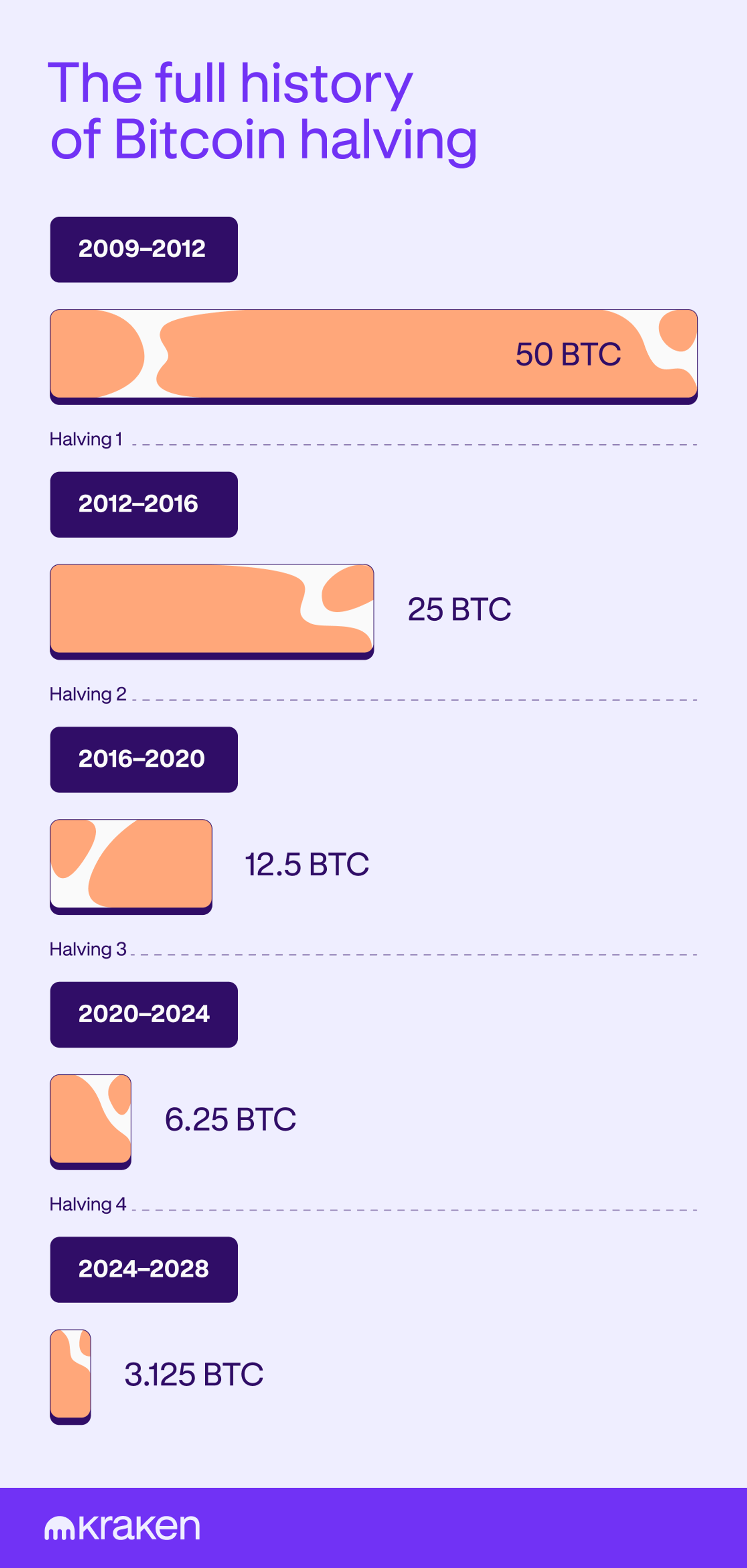 A bar chart shows the full bitcoin history, which historically decreases block rewards over time.