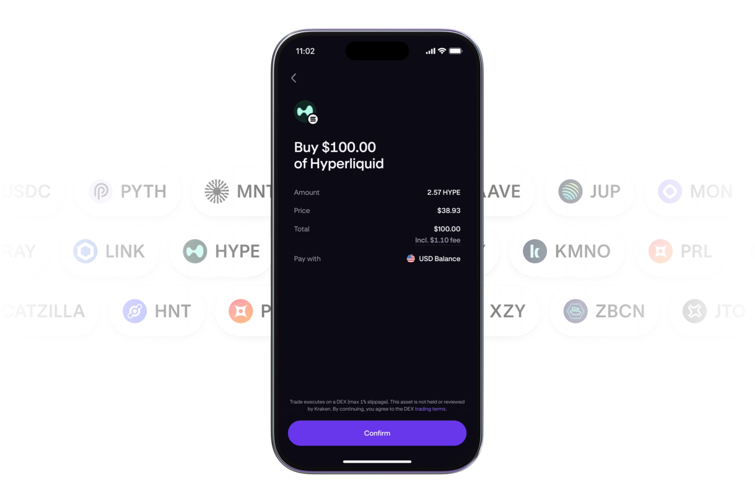 Kraken app showing clear DEX trading fees