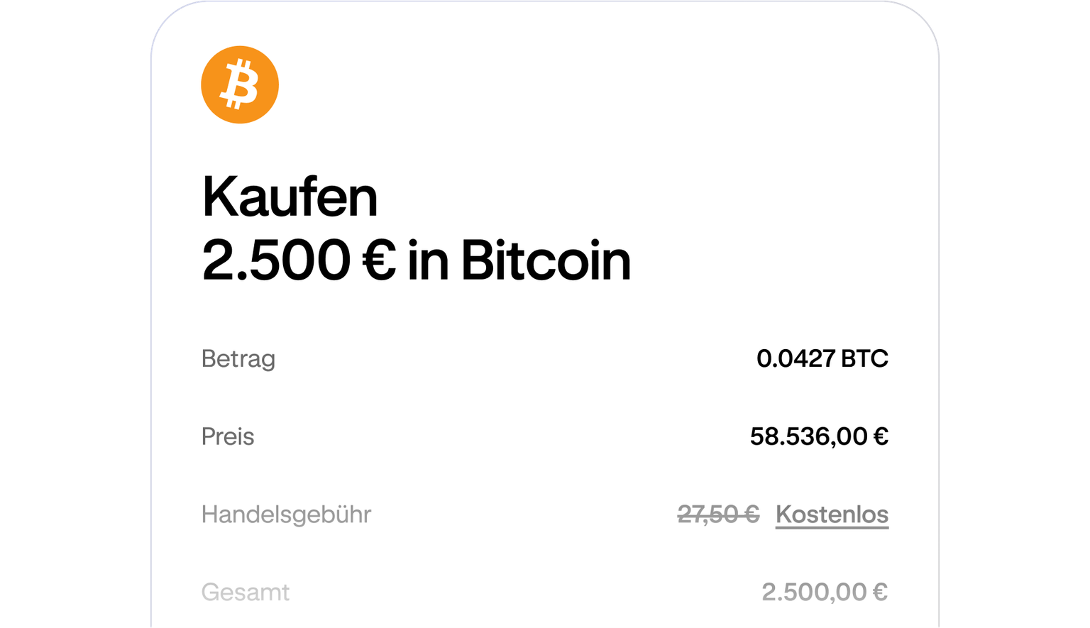 Cryptocurrency purchase review screen showing order details before confirmation