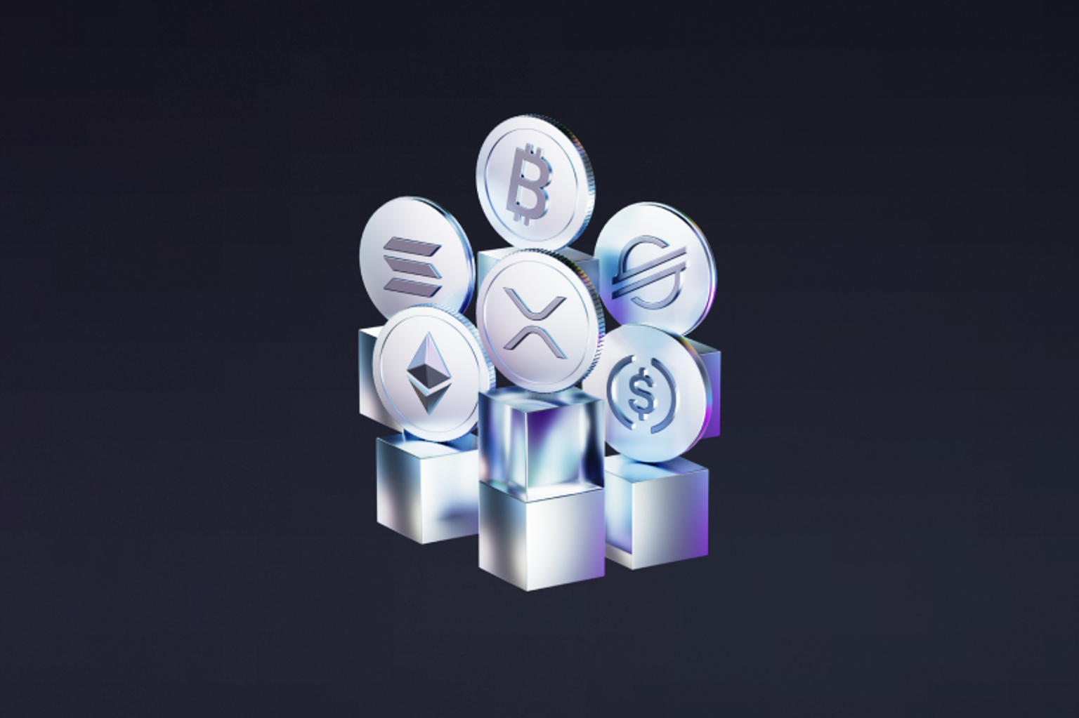 3D icons of various cryptocurrencies on metallic cubes.