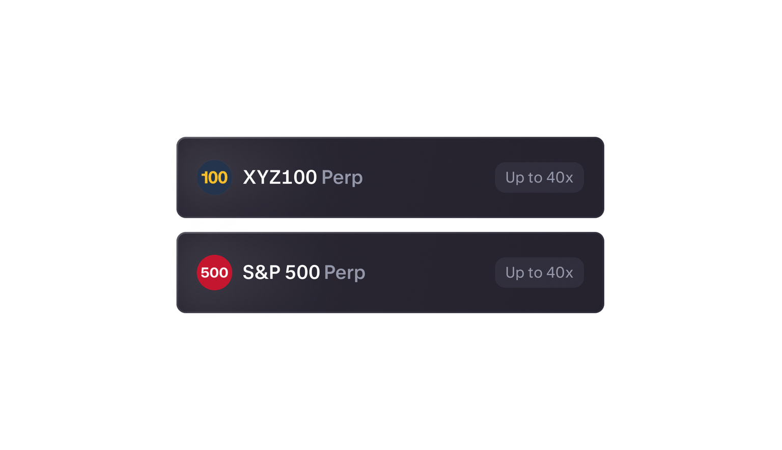 XYZ100 and S&P500 Perp with 40x leverage