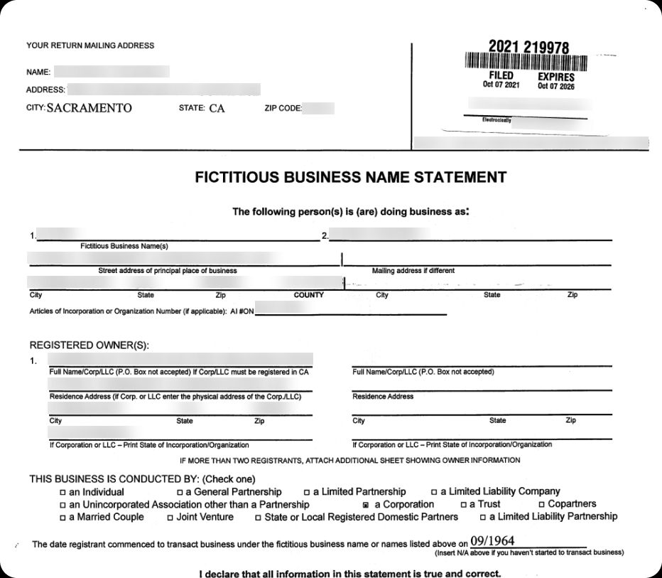 Example of a sole proprietorship filing document