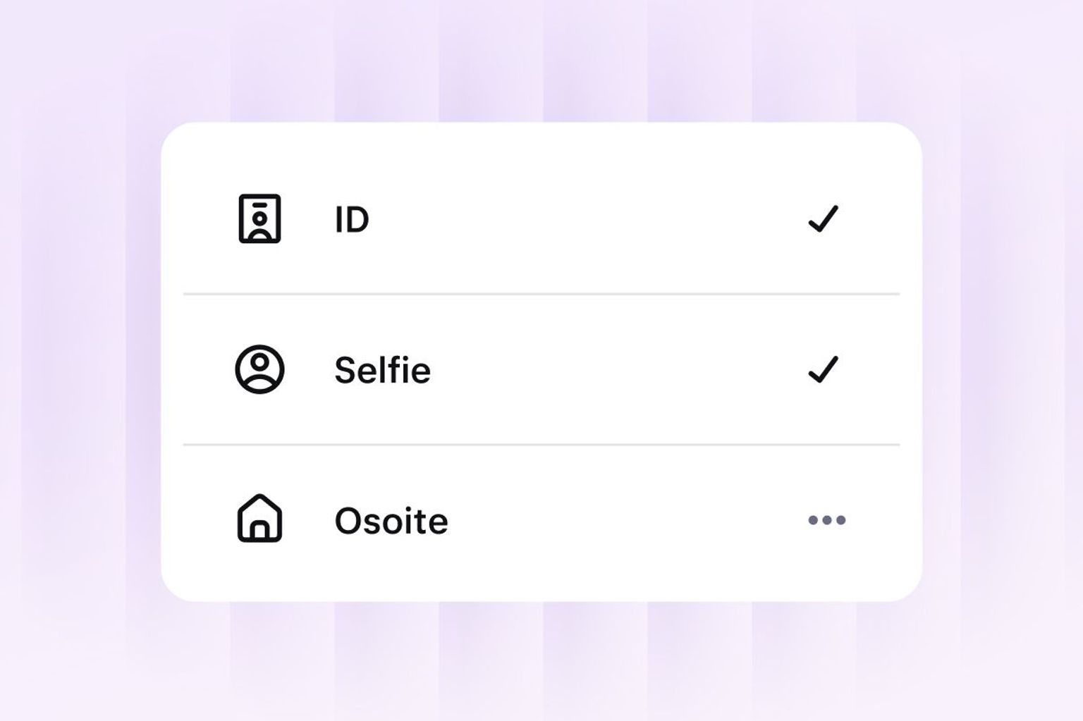 Identity verification screen showing ID, selfie and address checks
