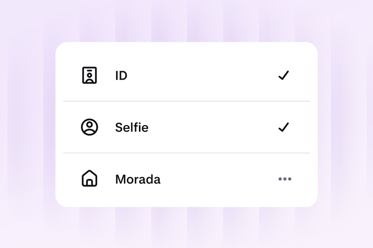 Identity verification screen showing ID, selfie and address checks