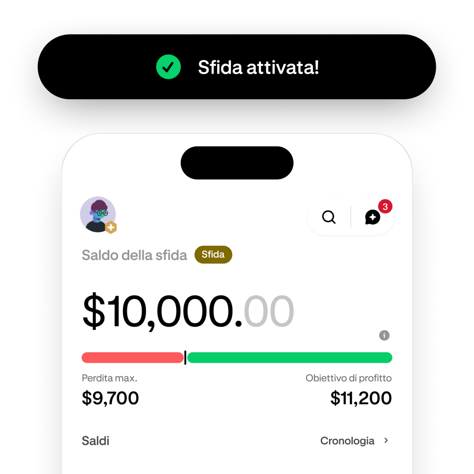 Trading challenge screen showing progress toward the profit target