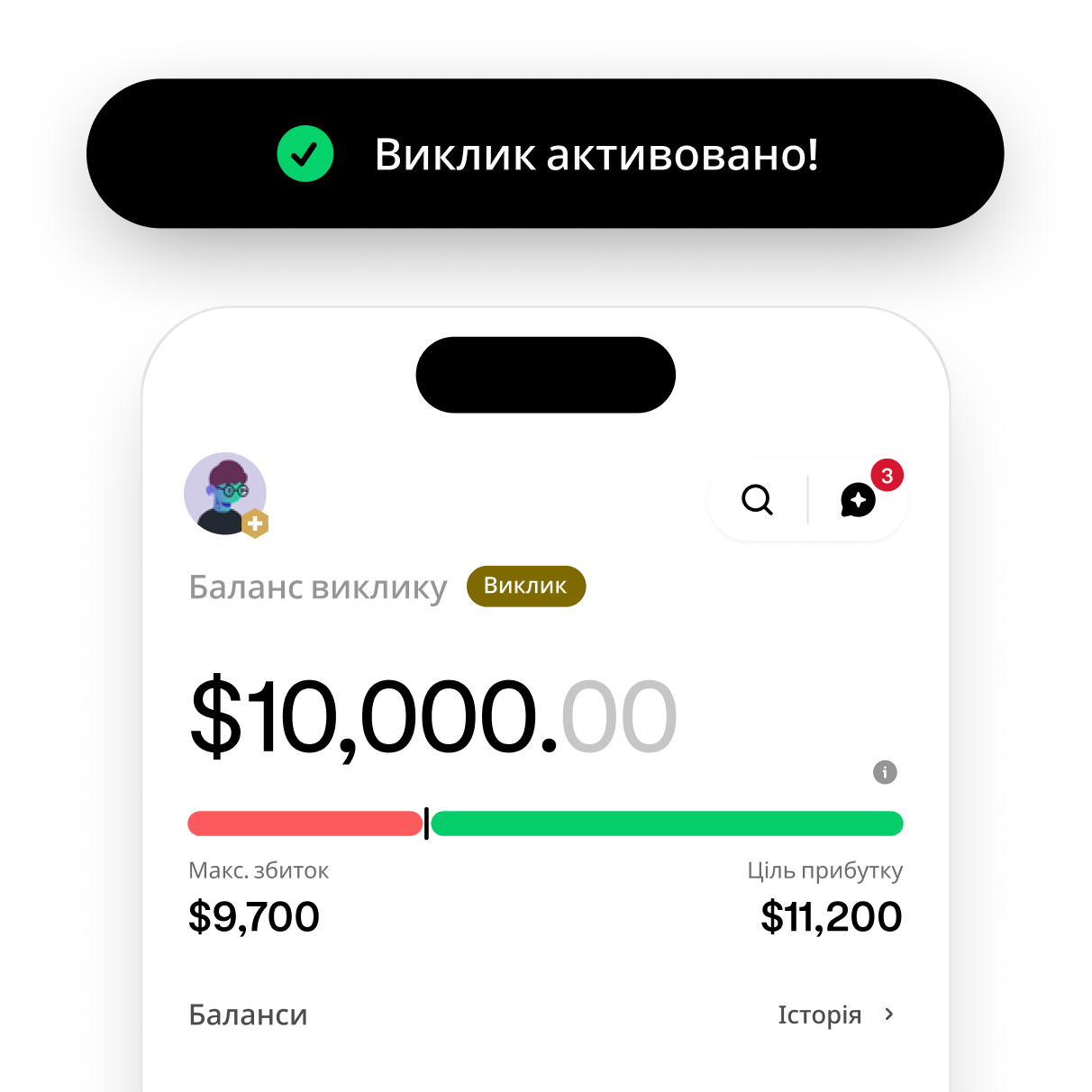 Trading challenge screen showing progress toward the profit target