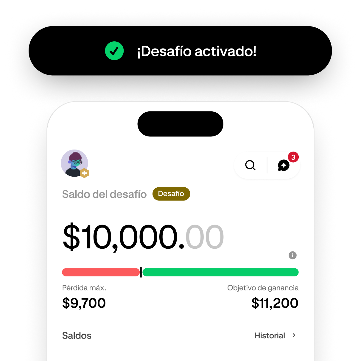 Trading challenge screen showing progress toward the profit target