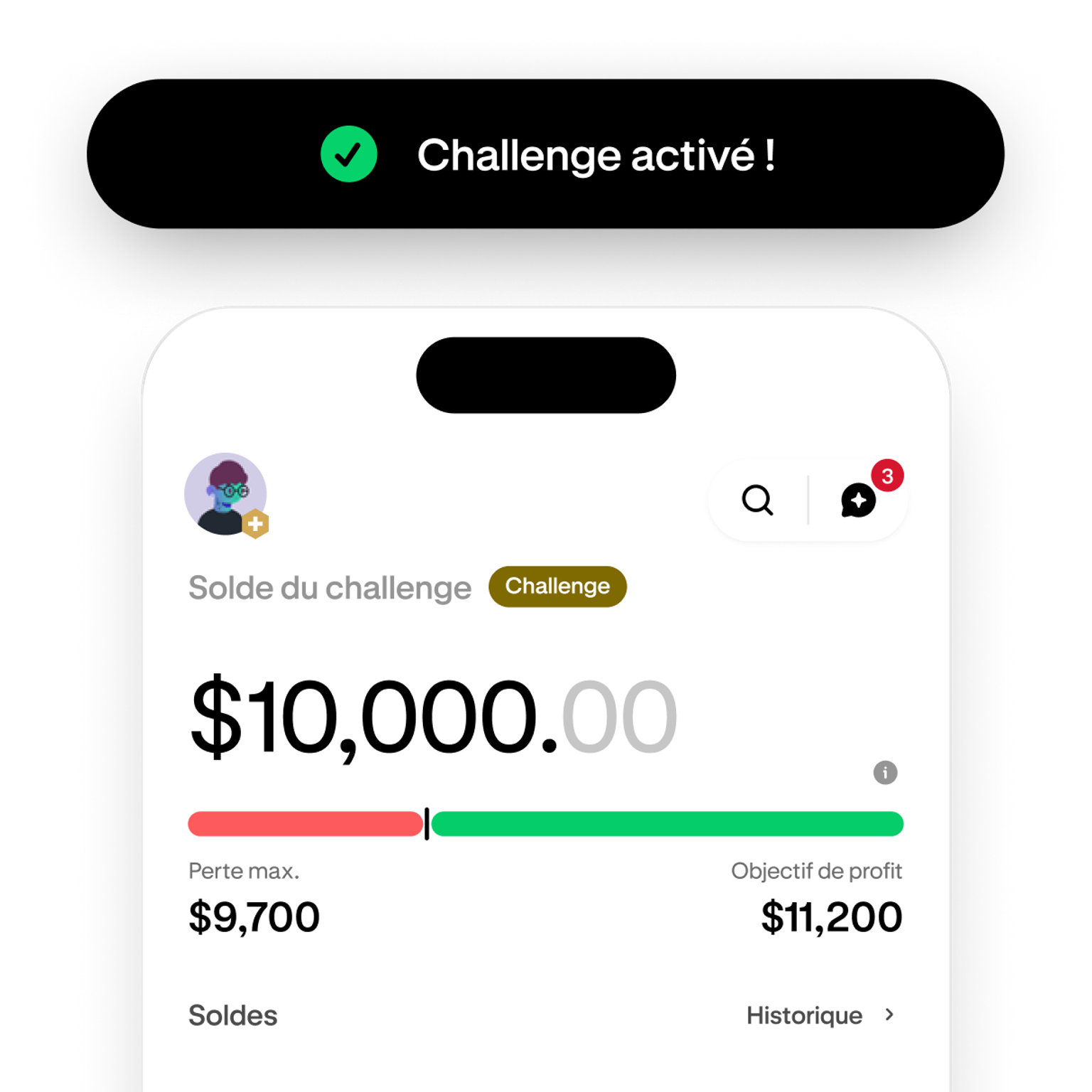 Trading challenge screen showing progress toward the profit target