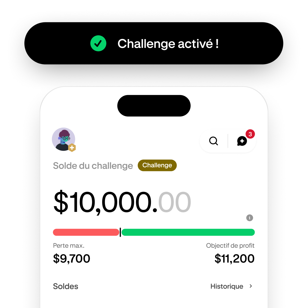 Trading challenge screen showing progress toward the profit target