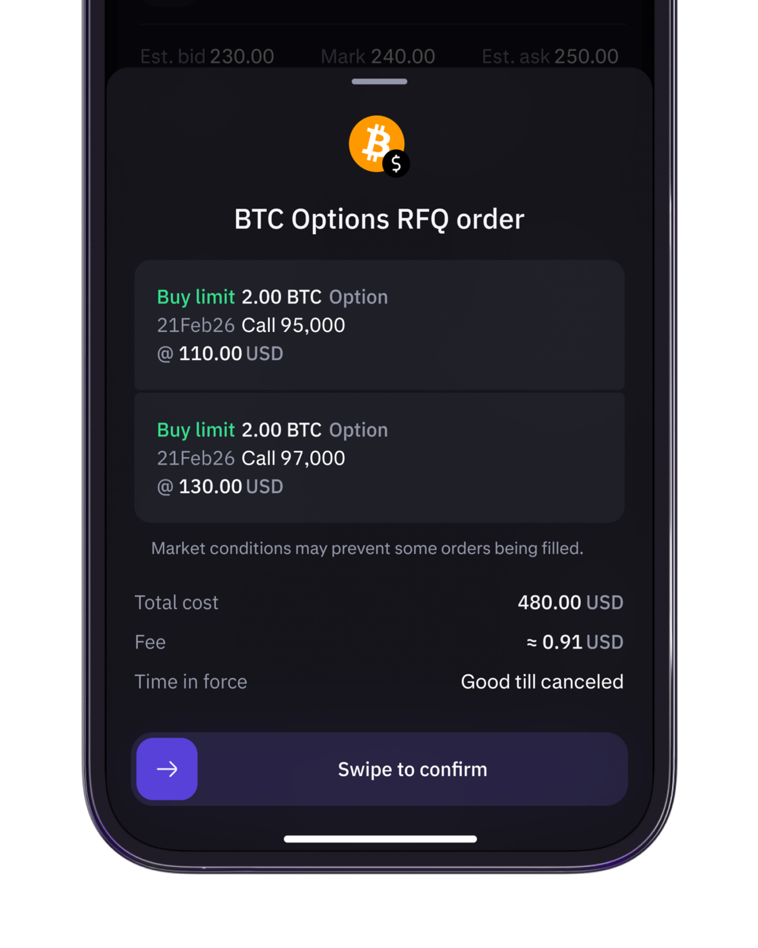Pending RFQ request awaiting quotes on Kraken Pro