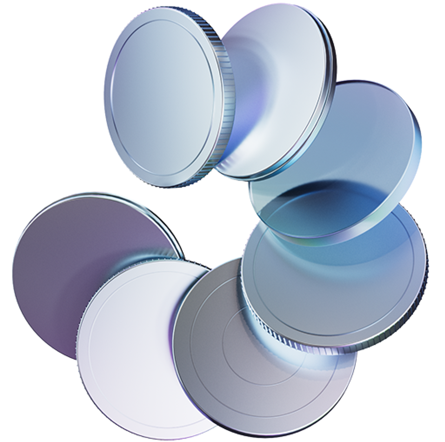 3D illustration of multiple coins forming a circular shape - in silver and purple metallic tones