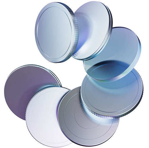 3D illustration of multiple coins forming a circular shape - in silver and purple metallic tones