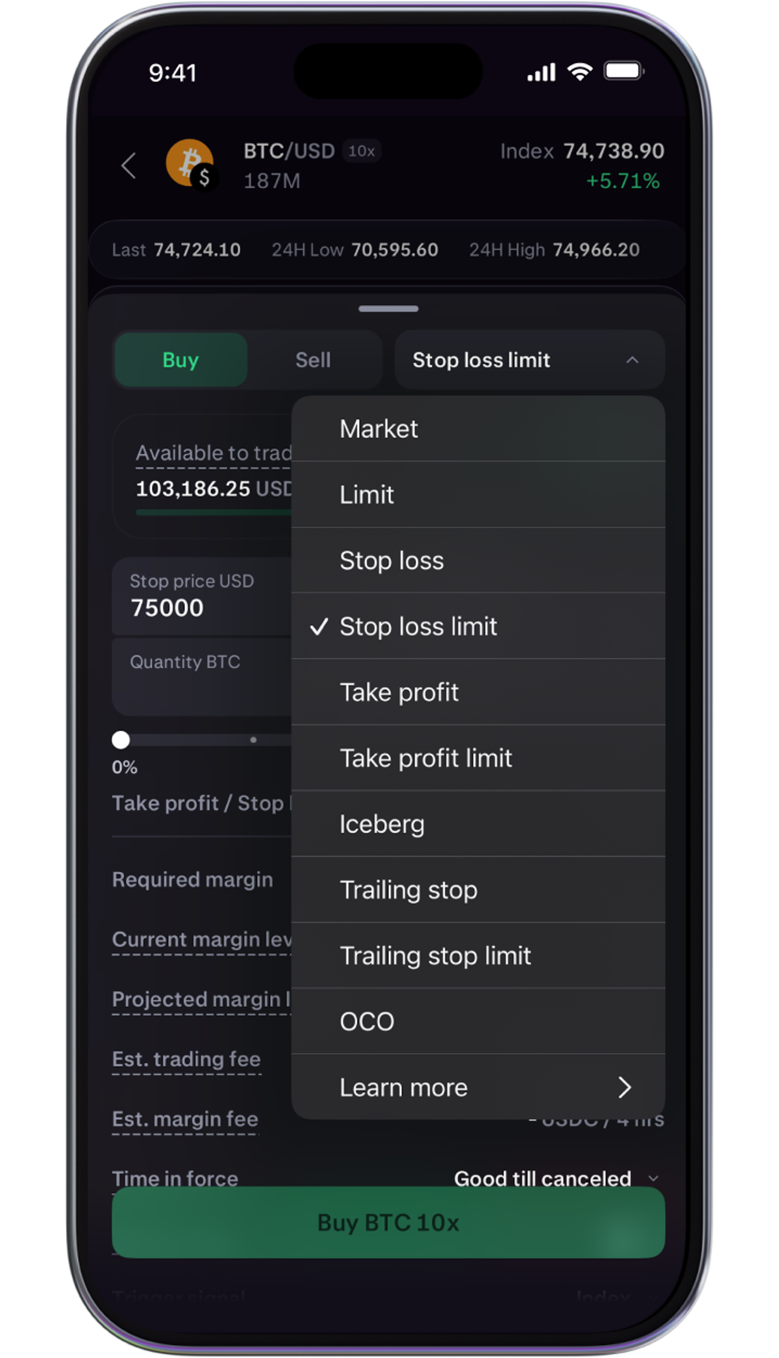 Set stop loss limit in app