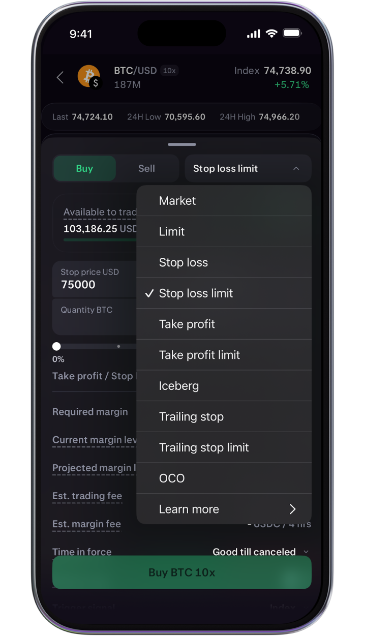 Set stop loss limit in app