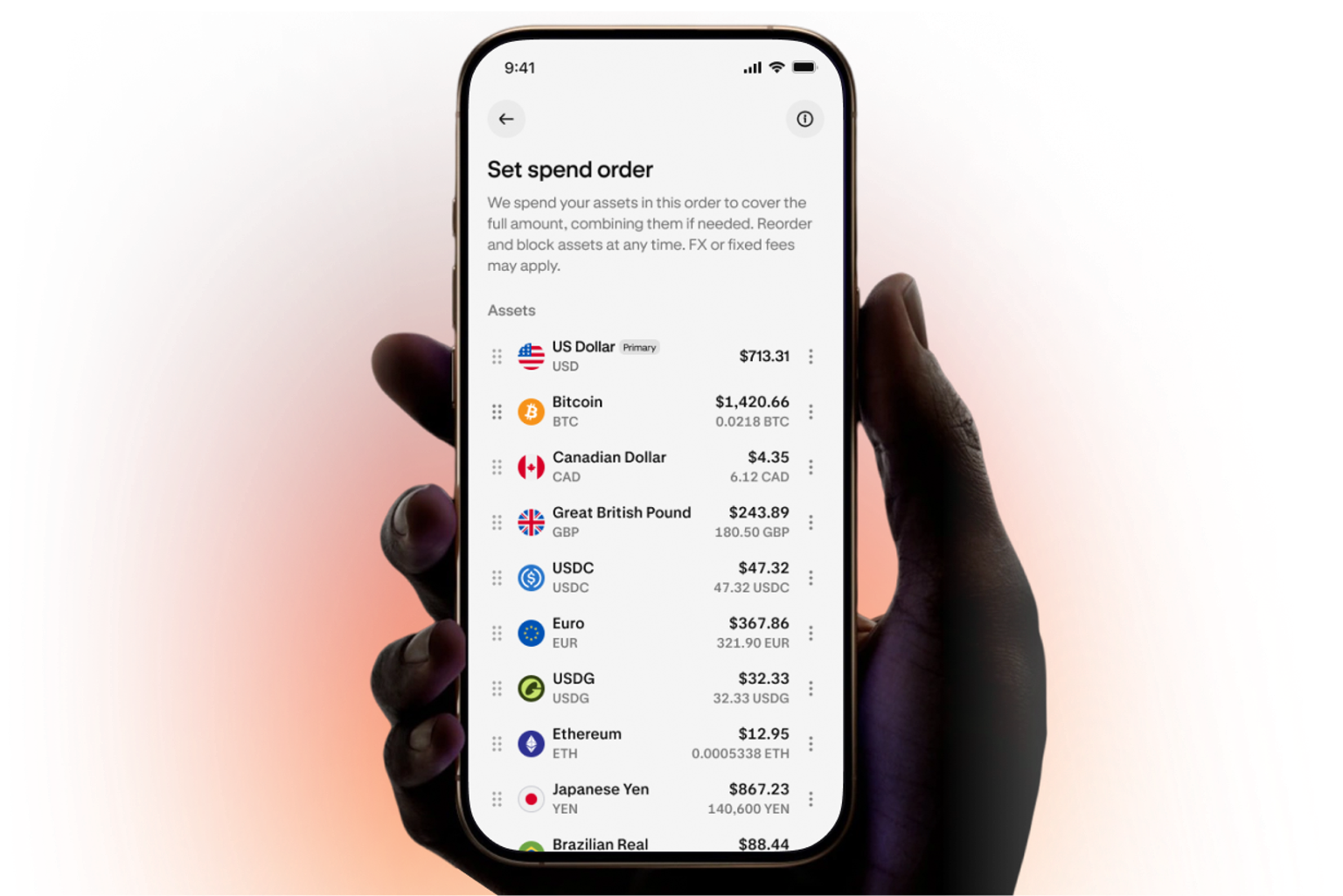 Hand holding a phone displaying asset spend order in the Krak app