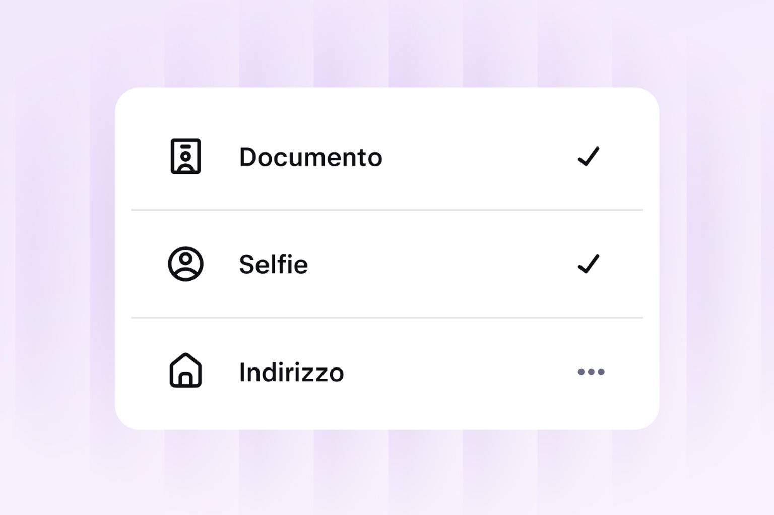 Identity verification screen showing ID, selfie and address checks