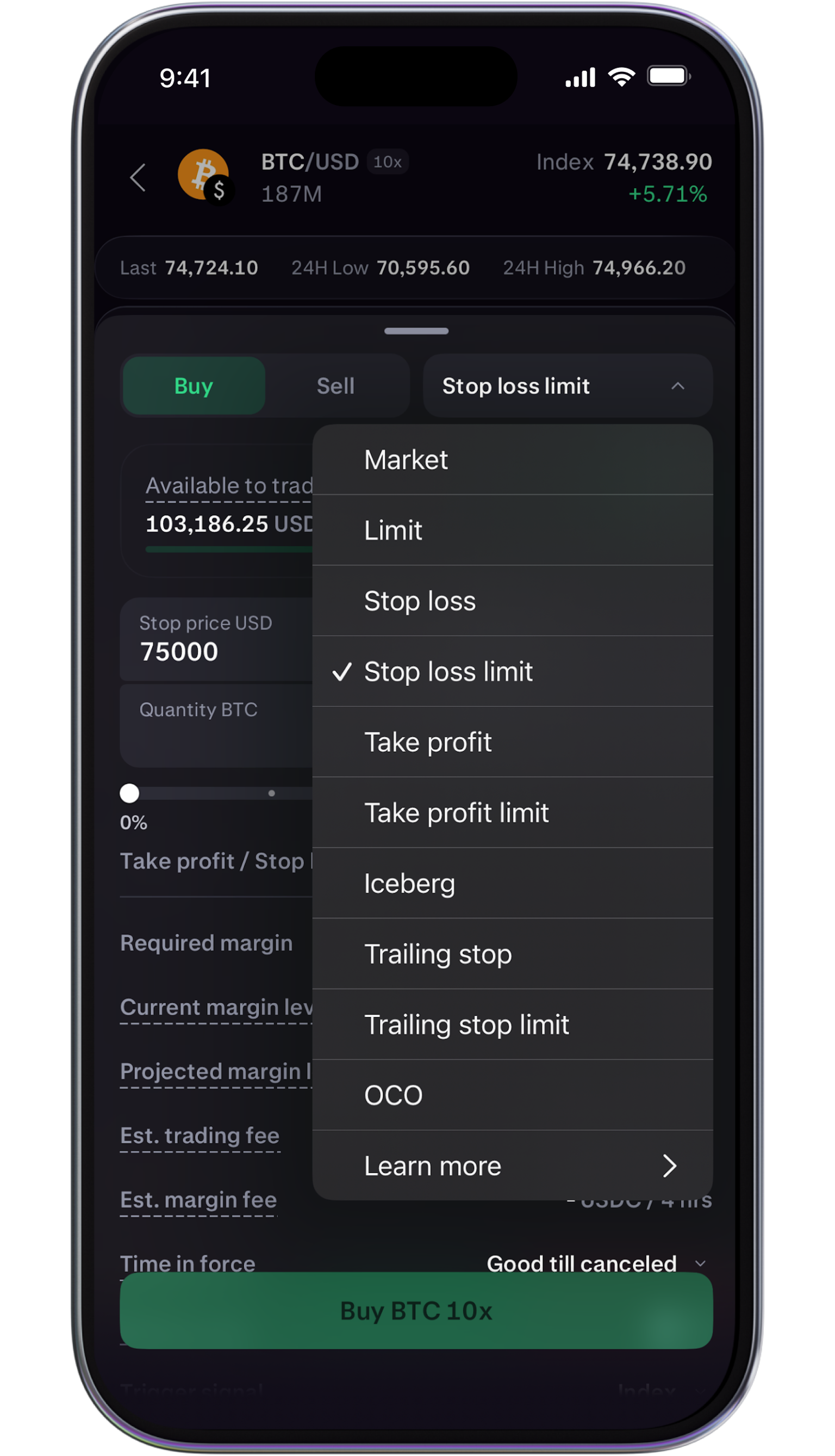 Set stop loss limit in app