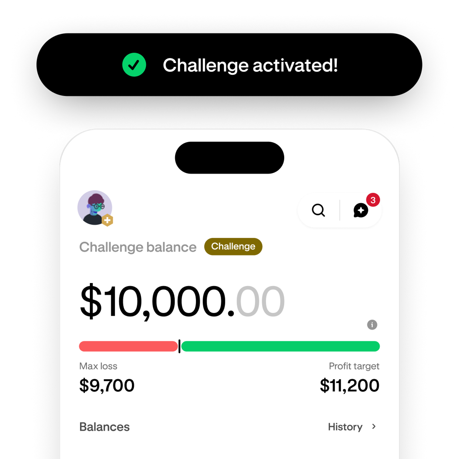 Trading challenge screen showing progress toward the profit target