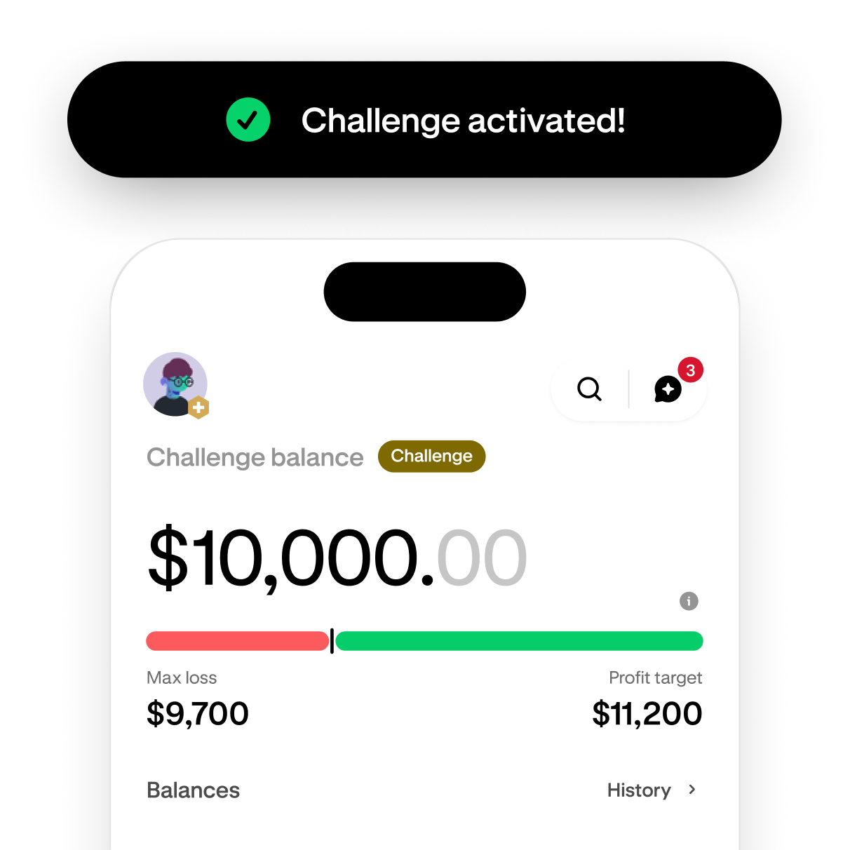 Trading challenge screen showing progress toward the profit target