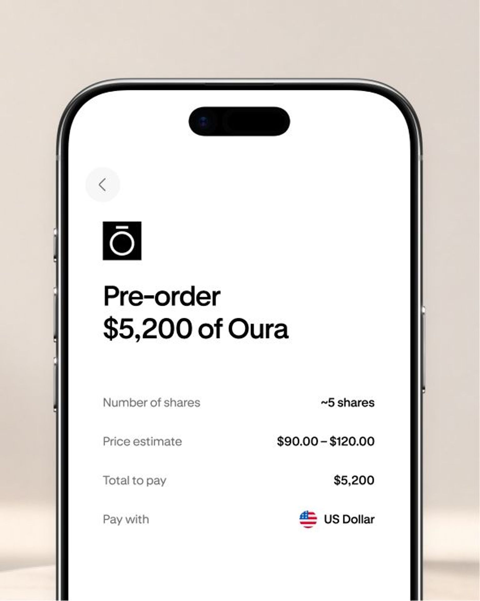 Smartphone screen showing Oura pre-order details and pricing.