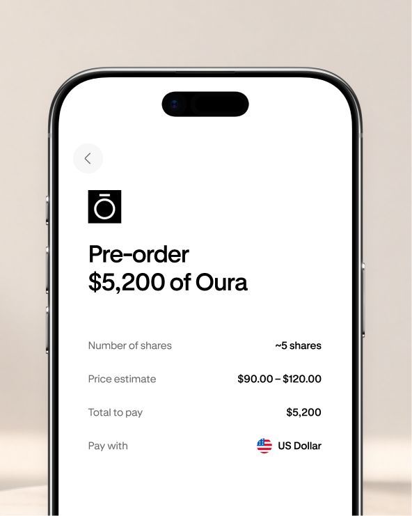 Smartphone screen showing Oura pre-order details and pricing.
