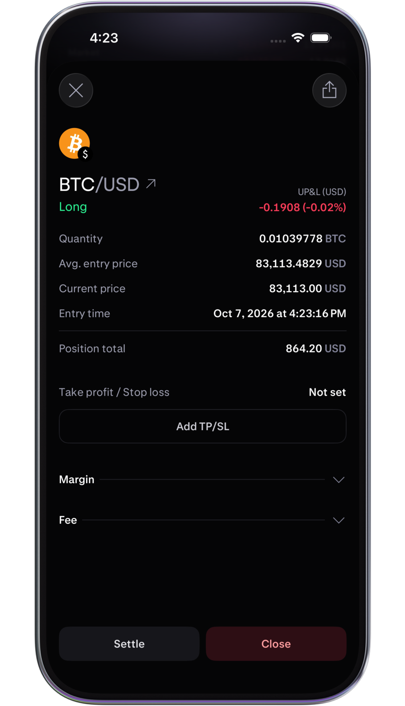 Live profit and loss in app