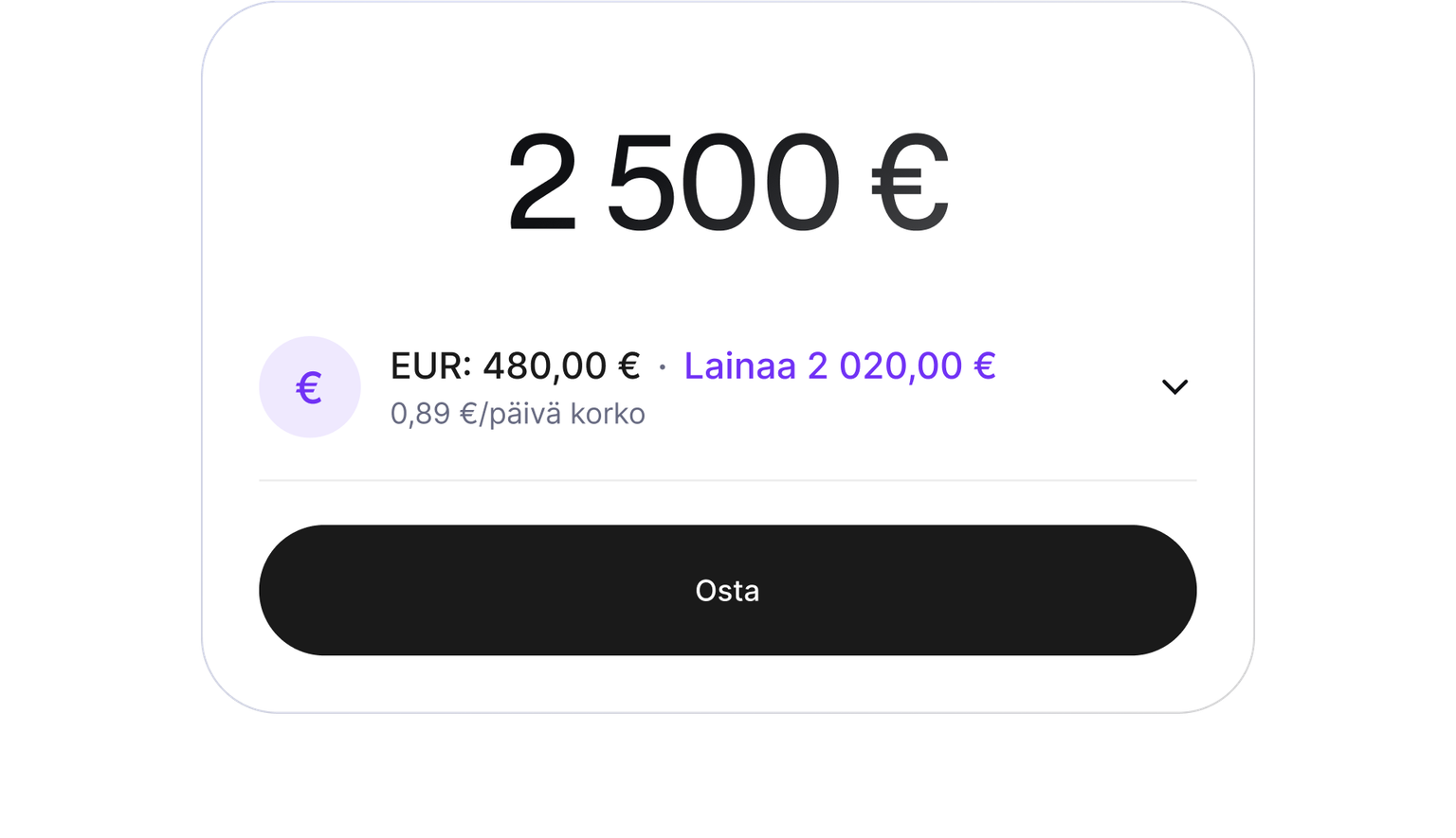 Buy screen showing a purchase funded with cash and a cryptocurrency-backed loan