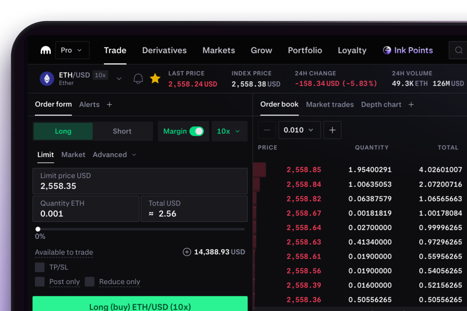 Kraken Pro margin health and liquidation price interface on mobile