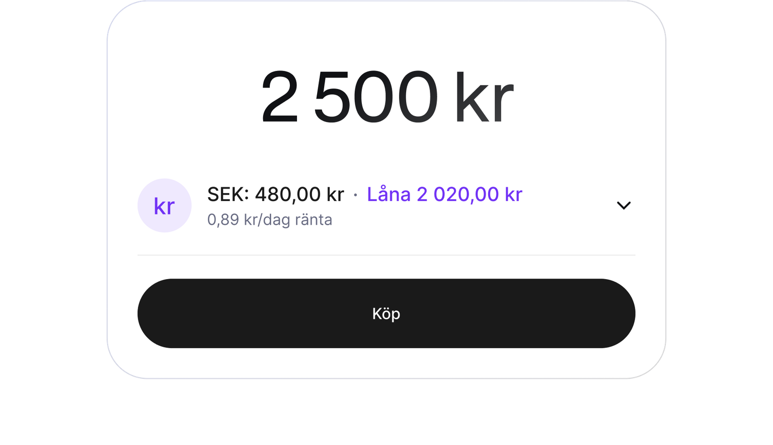 Buy screen showing a purchase funded with cash and a cryptocurrency-backed loan