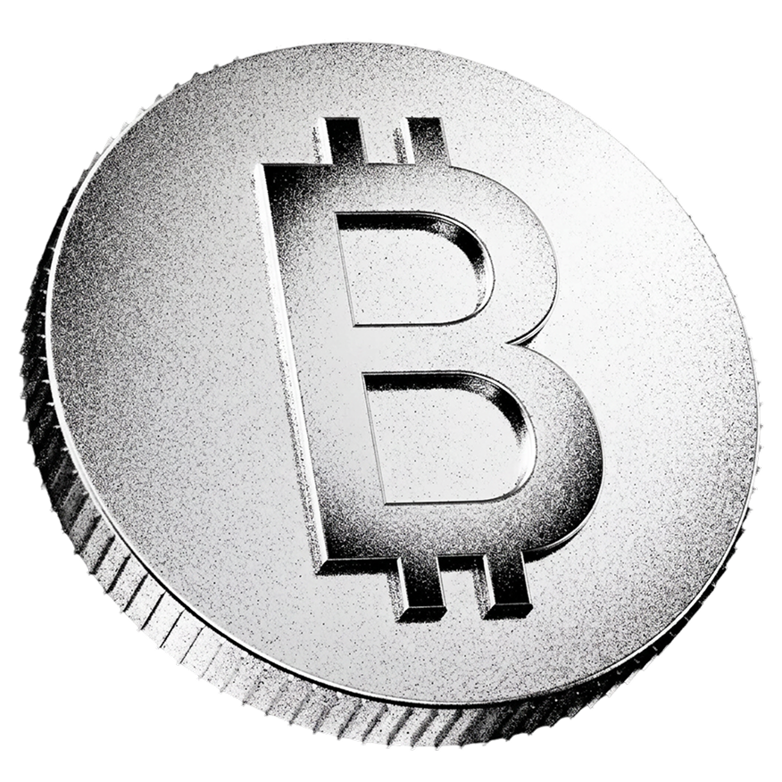 3D illustration of a Bitcoin in silver metallics