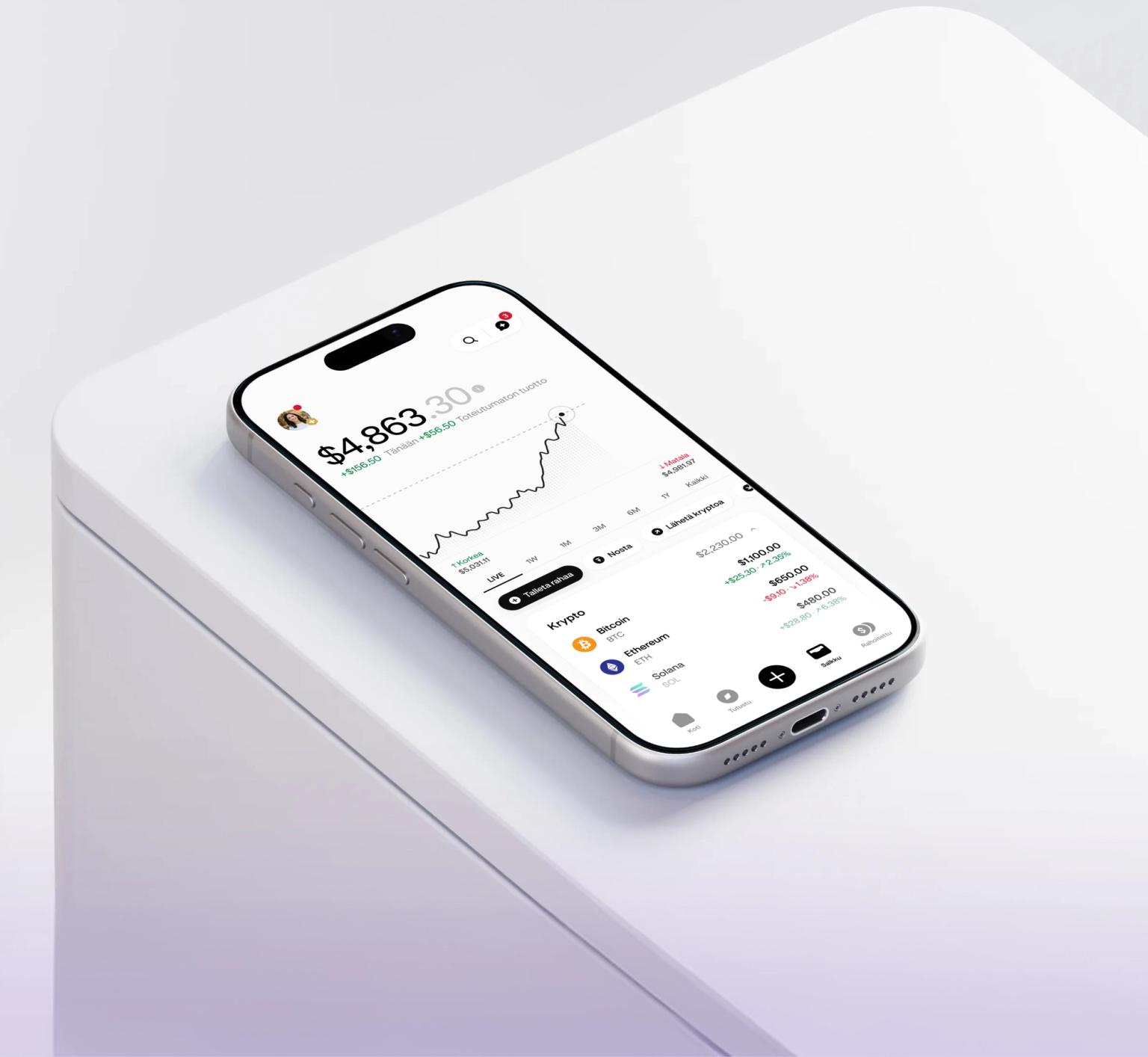 Phone displaying the Kraken app portfolio and market performance