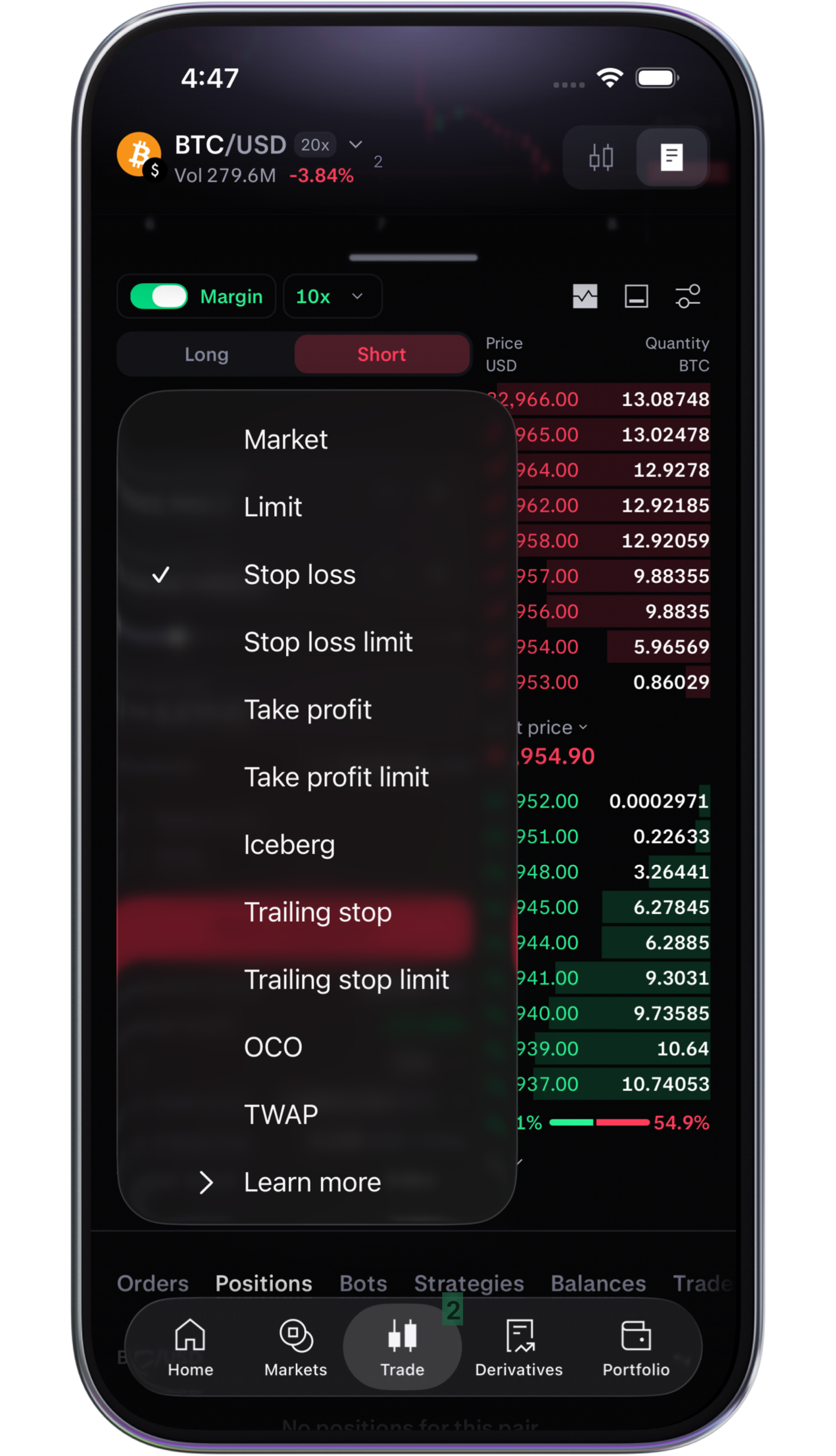 Set stop loss limit in app