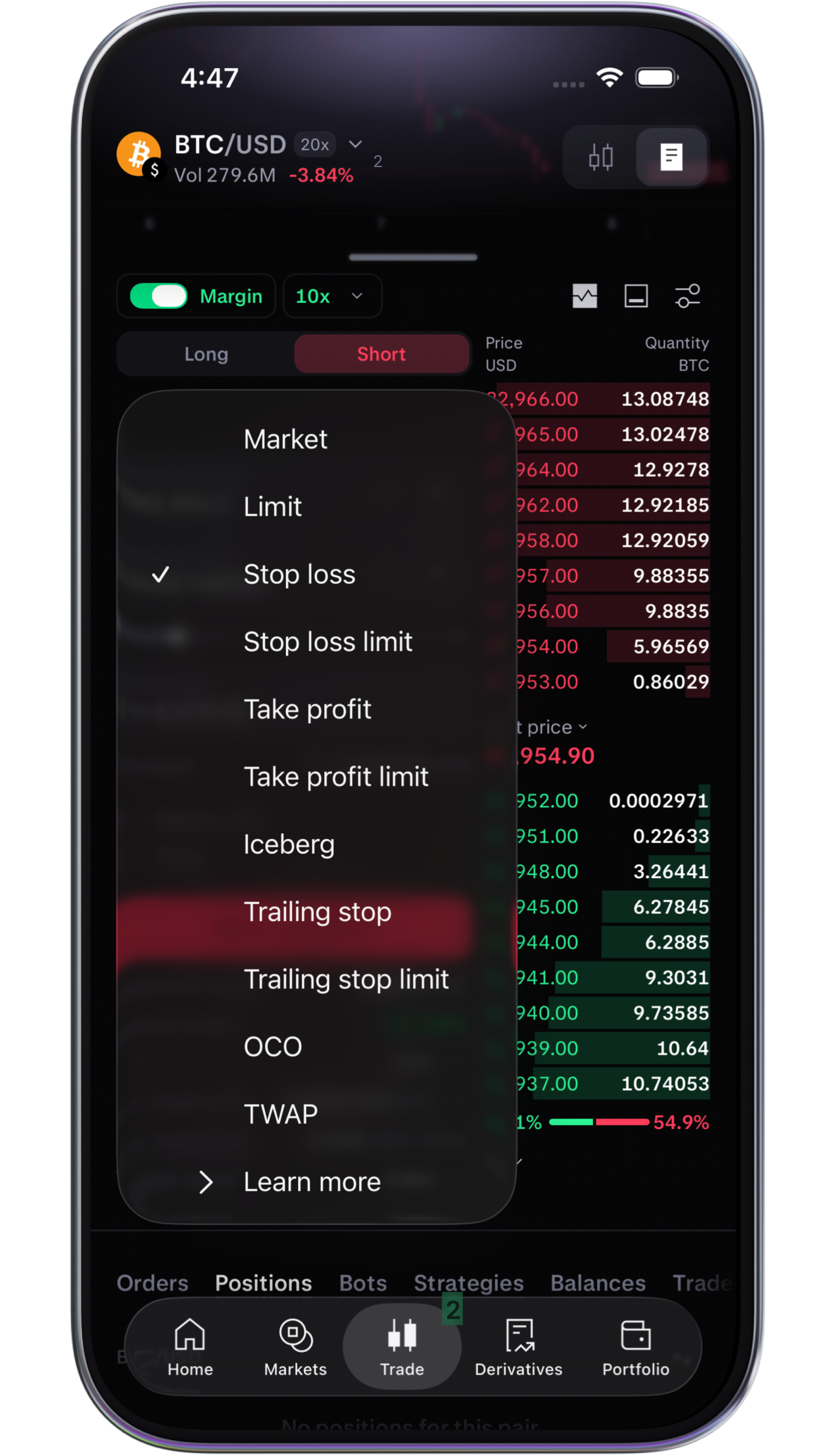 Set stop loss limit in app