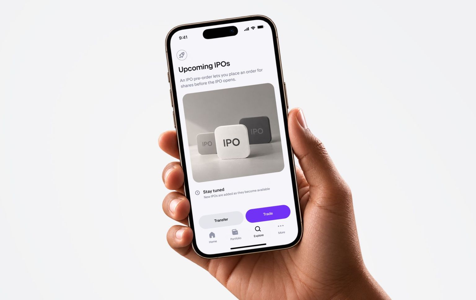 Hand holding smartphone displaying IPO app interface.