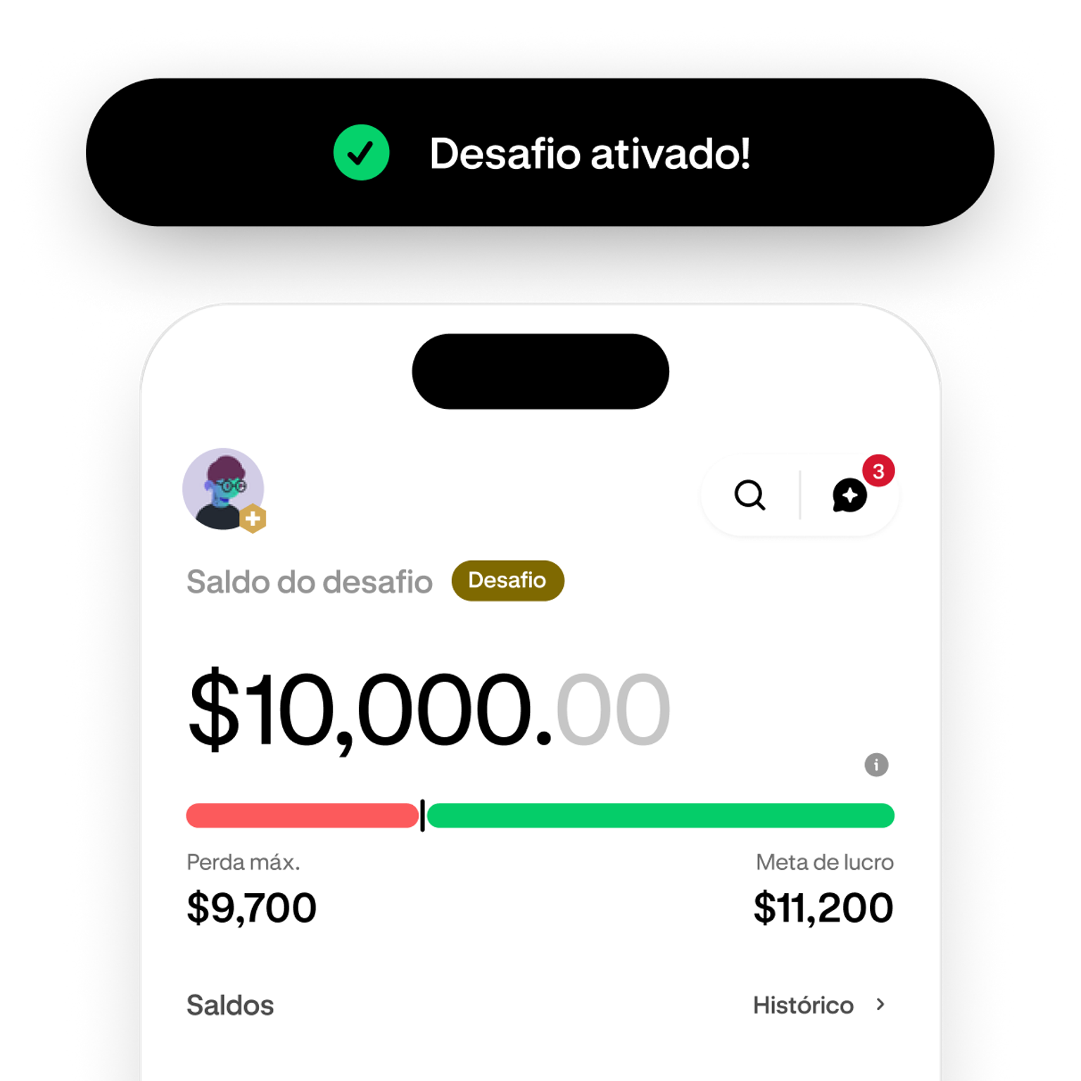 Trading challenge screen showing progress toward the profit target